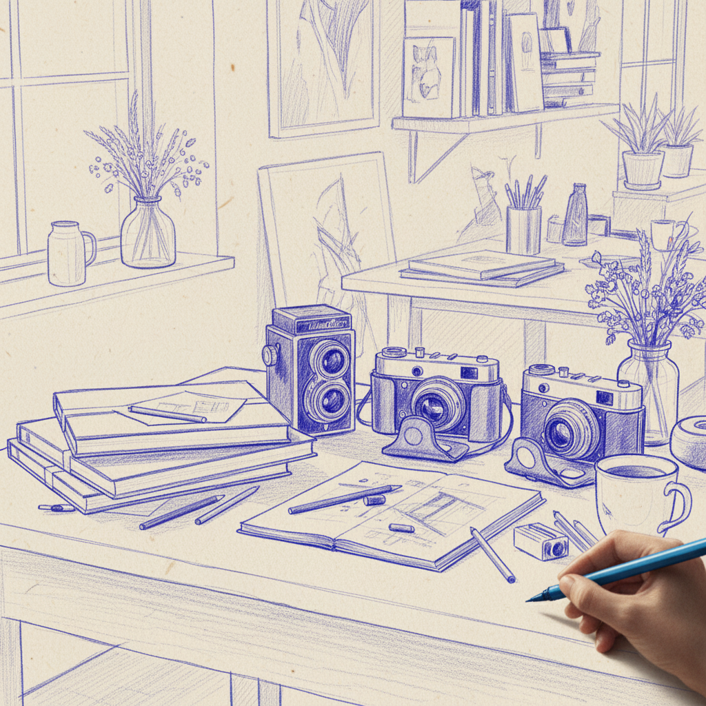 Creative still life turned into notebook-style illustration